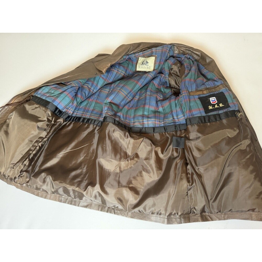 Burk’s Bay Brown Genuine Leather Jacket Plaid Lined Size L - Picture 7 of 16